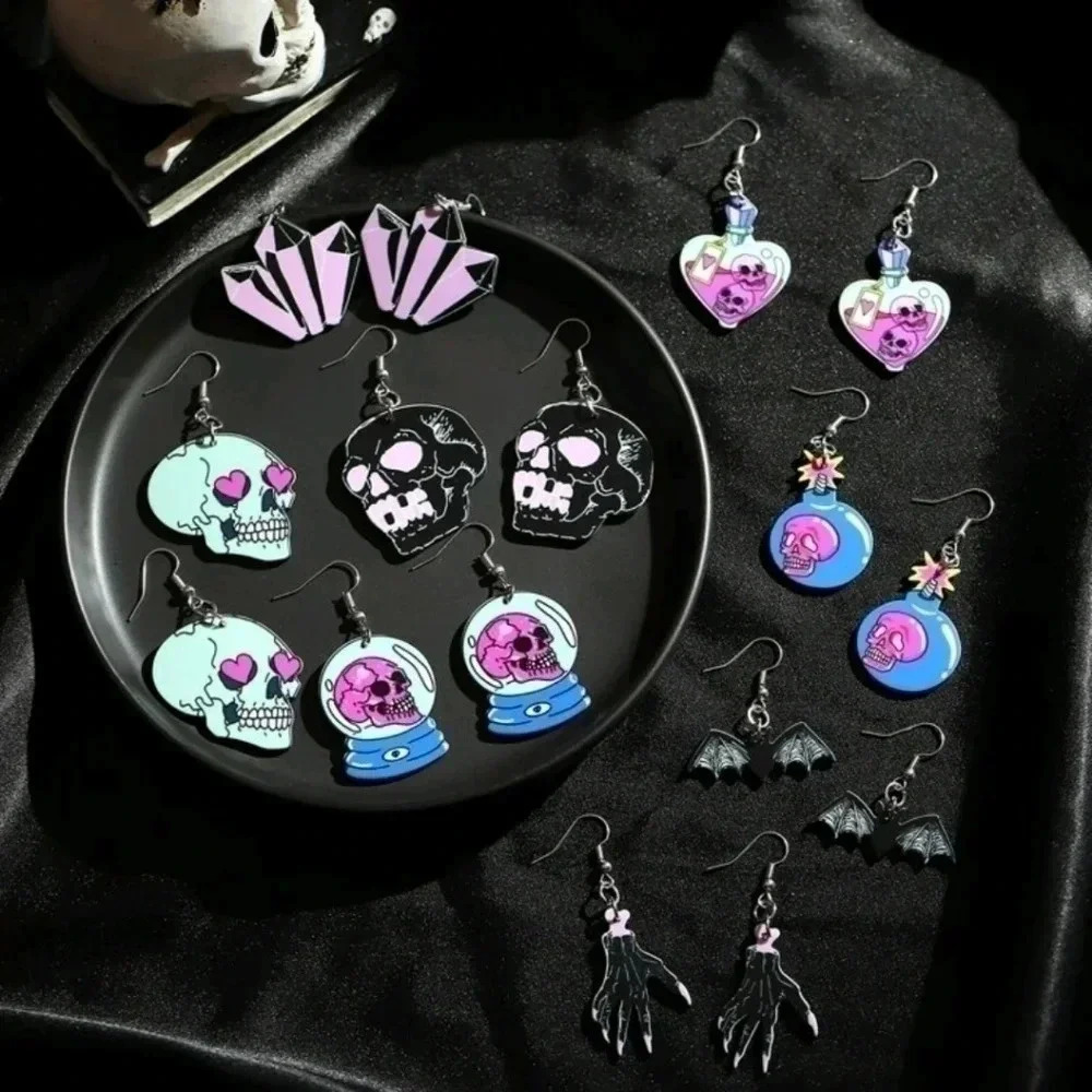 8 set skull Gothic vintage earrings jewelry silver dangle charm purple pastel